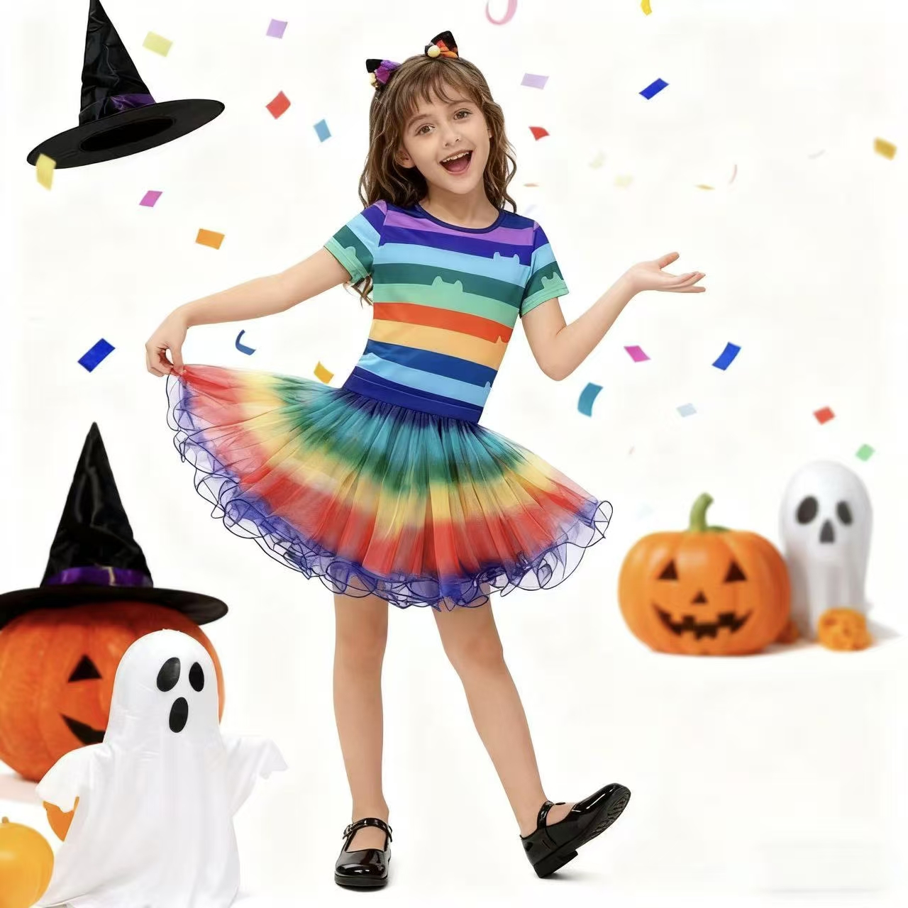Summer Kids Clothing - Kızlar Gökkuşağı Çizgili T-Shirt Tutu Etek