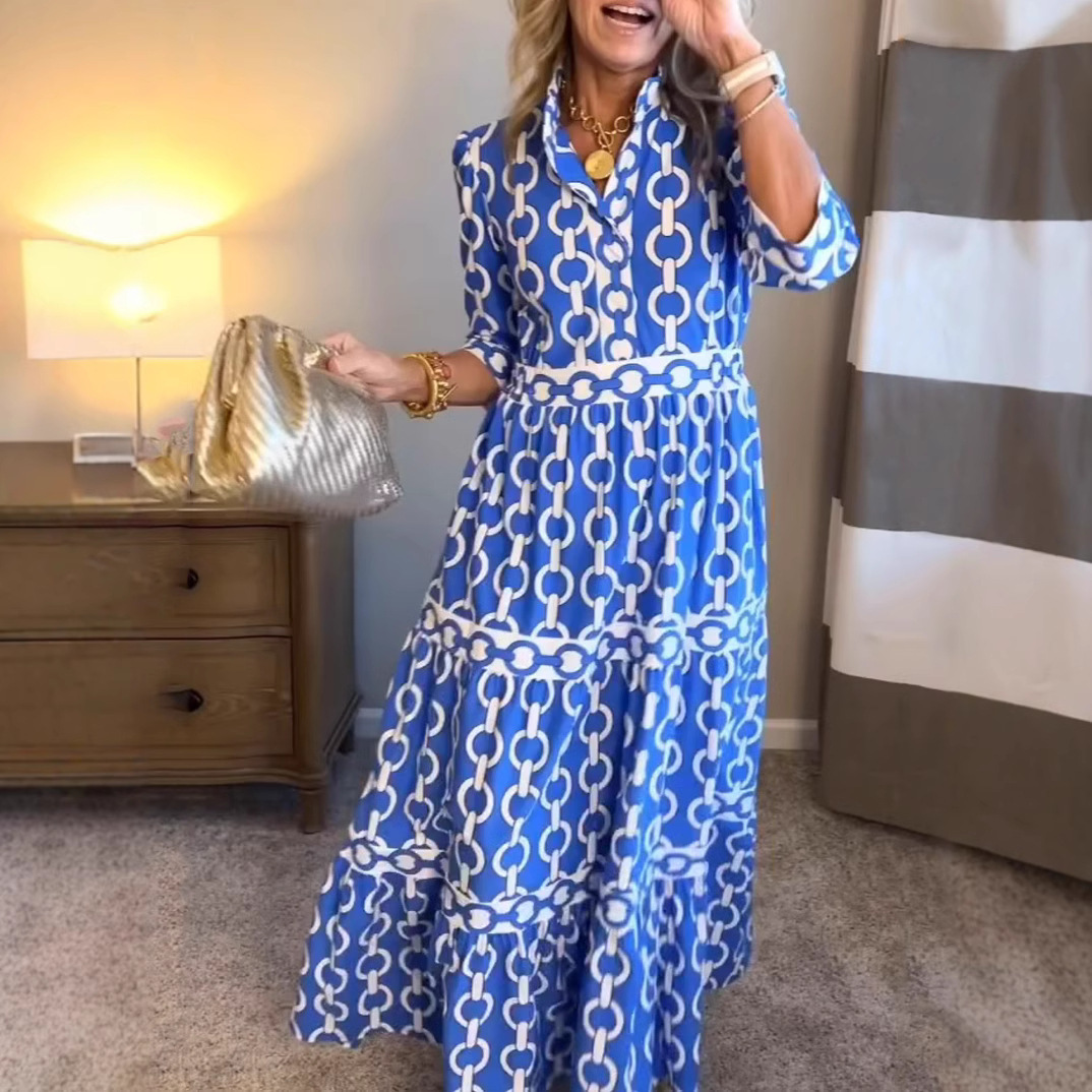 Summer Clothing Amazon - Geometrik Baskılı Uzun Elbise Yazlık İlkbaharlık
