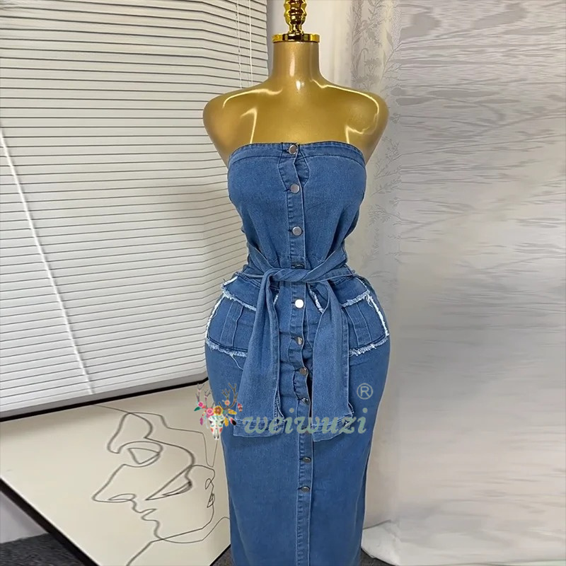 Summer Clothing Juniors - 2026 Kadın Retro Straplez Kot Elbise